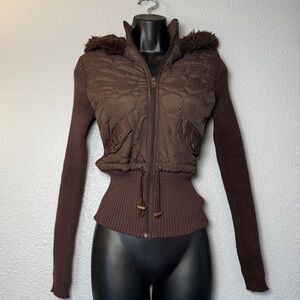 Vintage Women’s Say what Y2K Brown puffer Jacket W/ Fur Trim Hood Size Medium